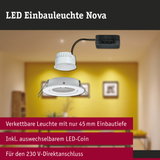 Weiße LED Einbauleuchte Nova mit 45 mm Einbautiefe und austauschbarem LED-Coin für 230 V Anschluss