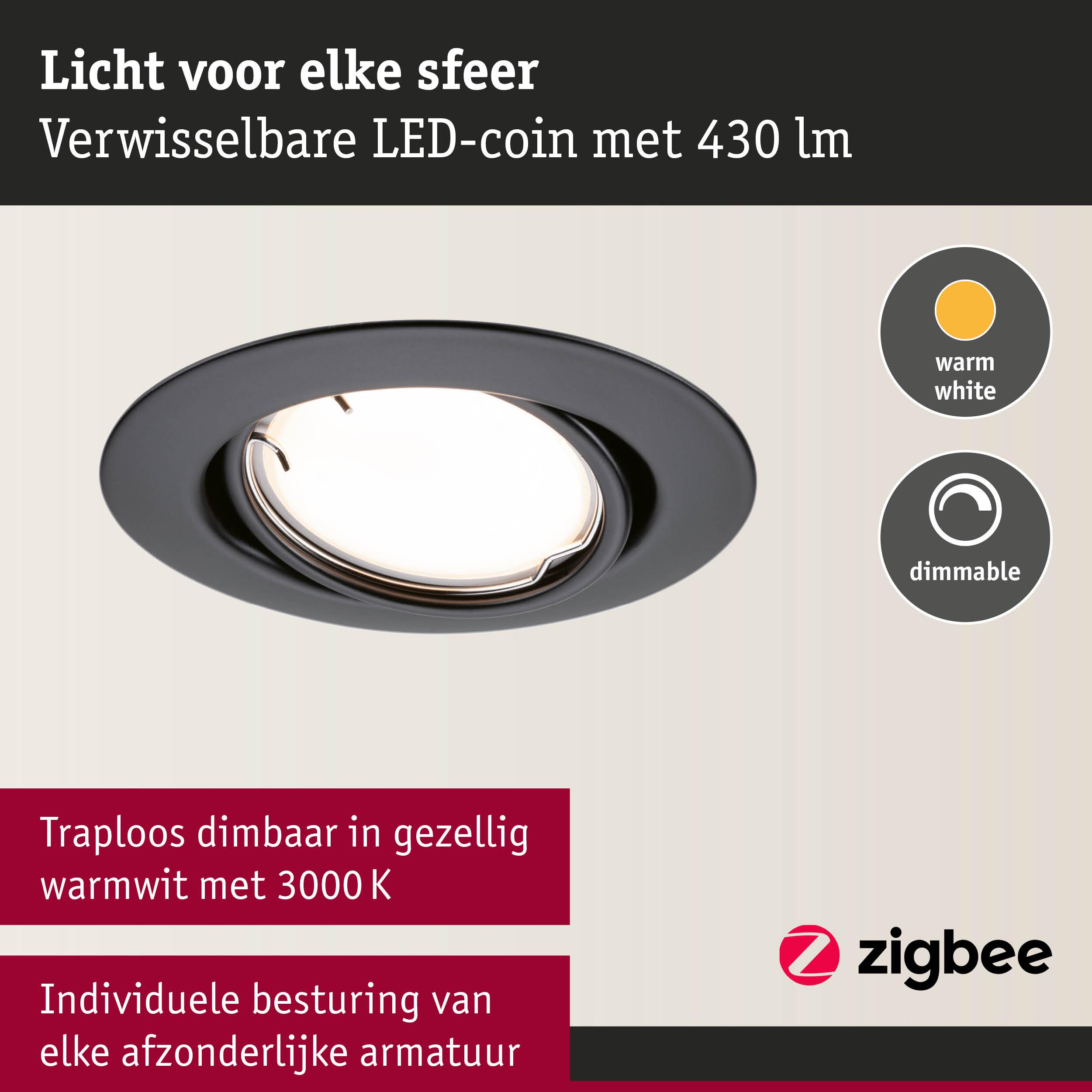 Zwarte LED-inbouwspot met warmwit dimbaar licht van 430 lumen en individuele Zigbee-besturing