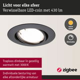 Zwarte LED-inbouwspot met warmwit dimbaar licht van 430 lumen en individuele Zigbee-besturing