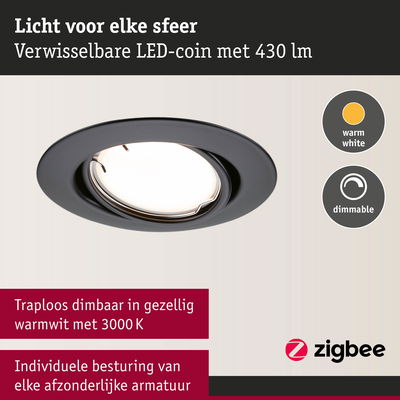 Zwarte LED-inbouwspot met warmwit dimbaar licht van 430 lumen en individuele Zigbee-besturing