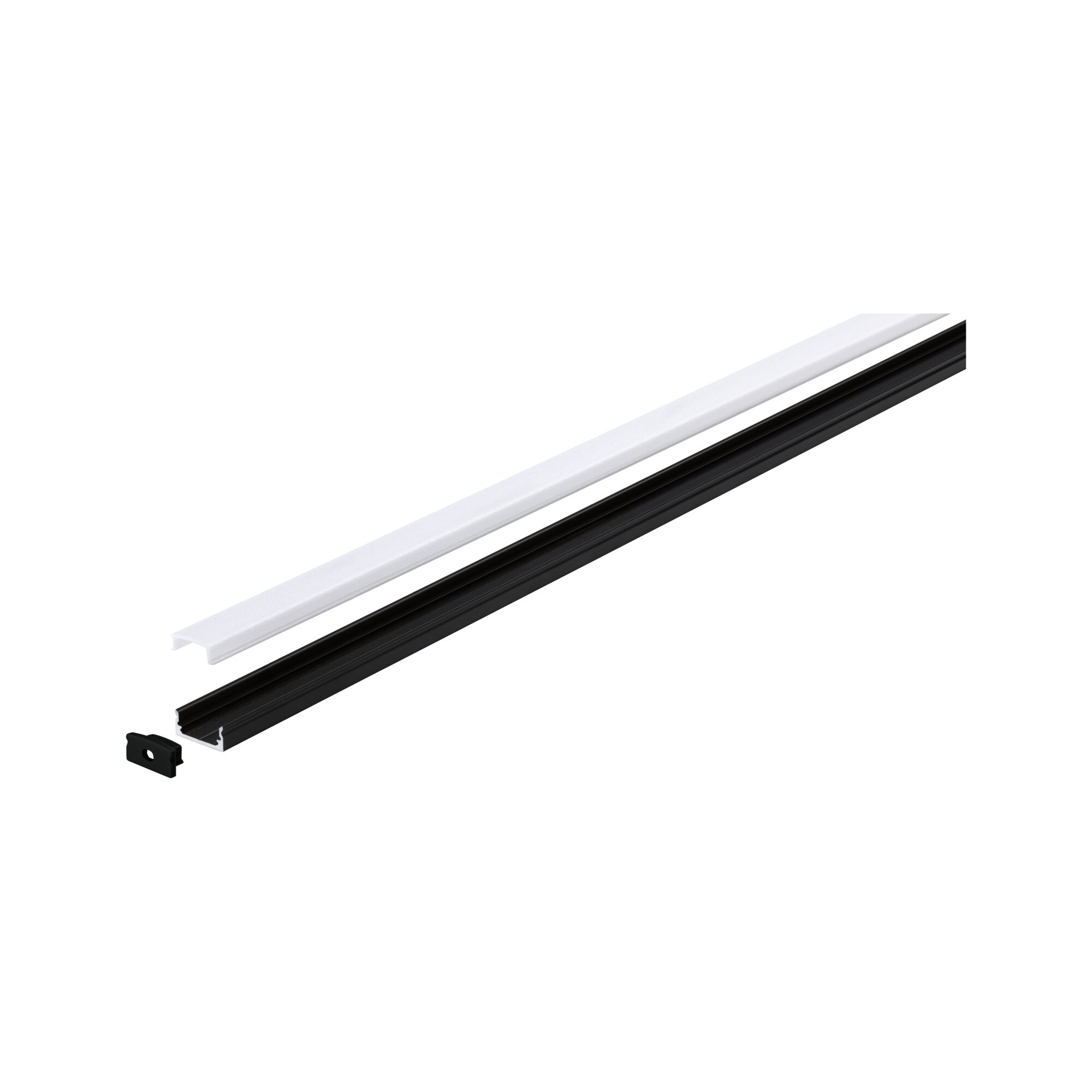 Black aluminum profile with white cover and end cap for LED strip lighting installation