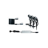 Ensemble de projecteurs LED de jardin noirs avec trois spots, câble et alimentation pour éclairage extérieur.