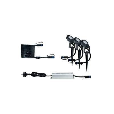 Ensemble de projecteurs LED de jardin noirs avec trois spots, câble et alimentation pour éclairage extérieur.