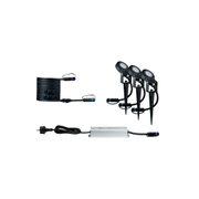 Ensemble de projecteurs LED de jardin noirs avec trois spots, câble et alimentation pour éclairage extérieur.