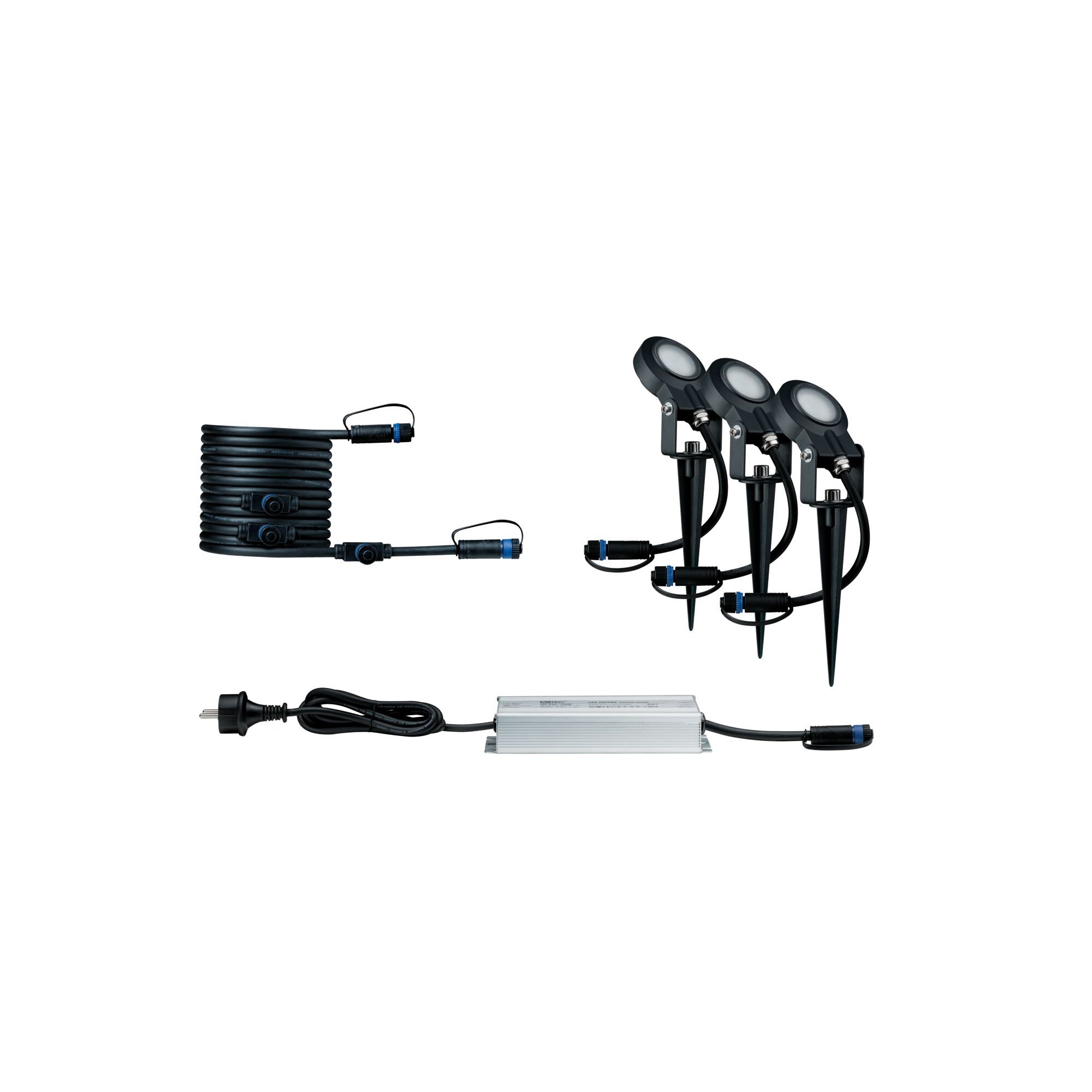 Ensemble de projecteurs LED de jardin noirs avec trois spots, câble et alimentation pour éclairage extérieur.
