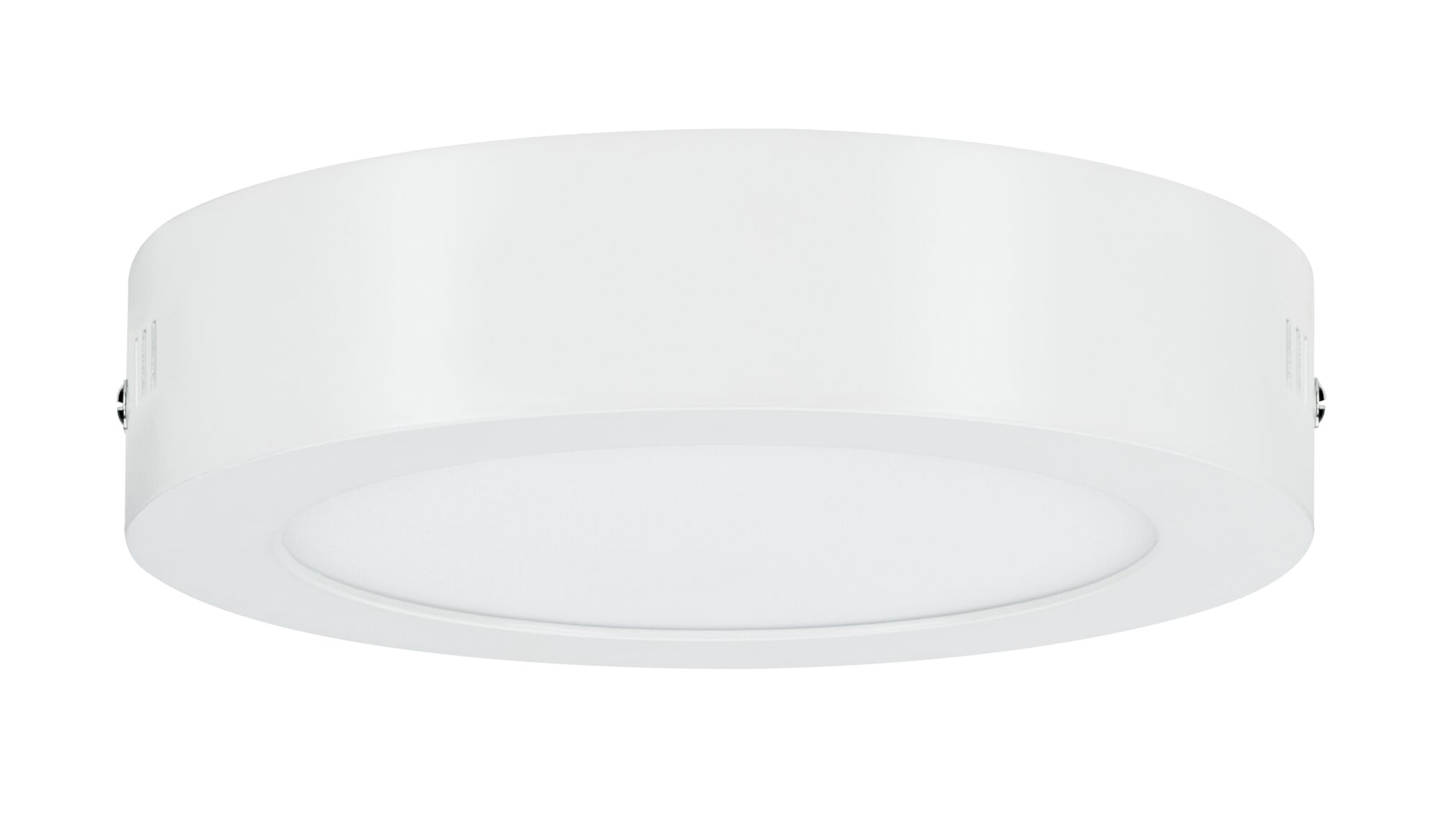 Round white LED ceiling light made of metal and plastic for modern indoor lighting