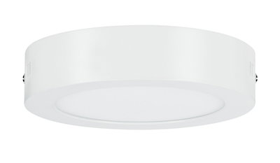 Round white LED ceiling light made of metal and plastic for modern indoor lighting