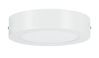 Round white LED ceiling light made of metal and plastic for modern indoor lighting