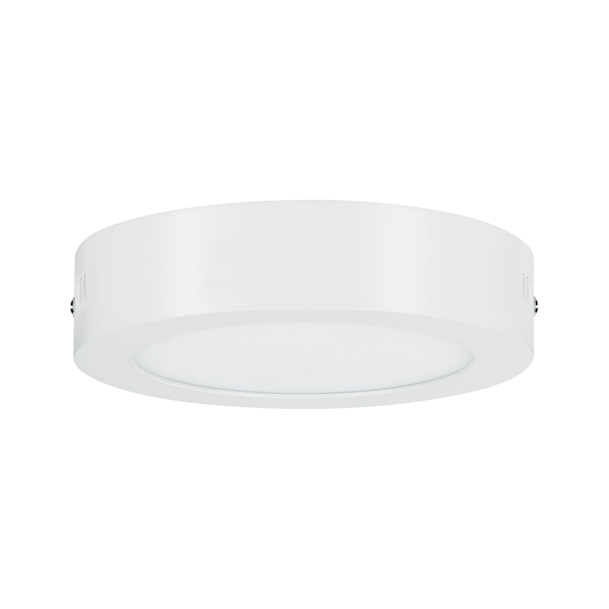 Round white LED ceiling light made of metal and plastic for modern indoor lighting