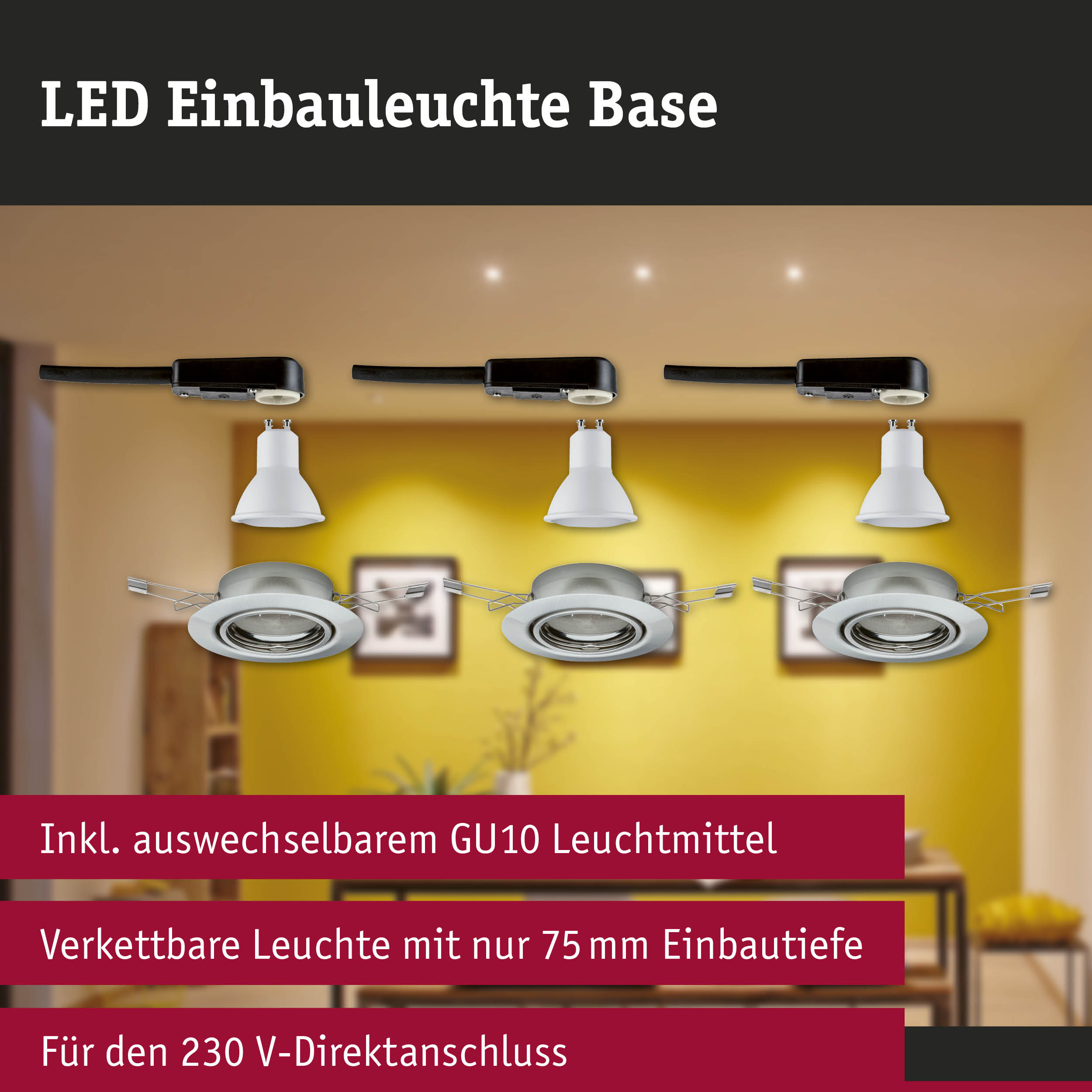 LED Einbauleuchte Base in Weiß mit GU10 Leuchtmittel, 75 mm Einbautiefe, 230 V Direktanschluss