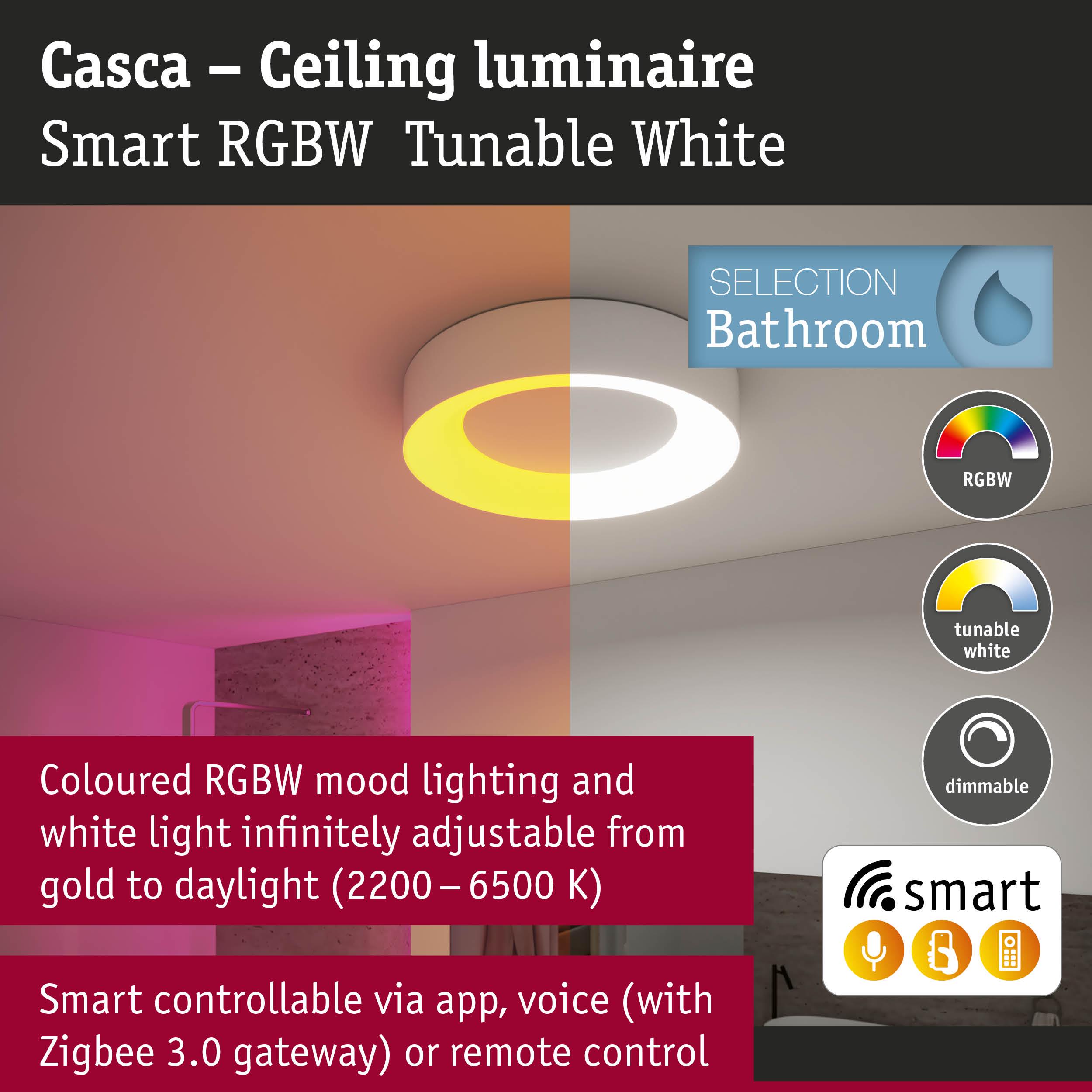 Casca white ceiling luminaire with tunable RGBW light for bathroom, smart control via app and voice commands