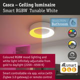 Casca white ceiling luminaire with tunable RGBW light for bathroom, smart control via app and voice commands
