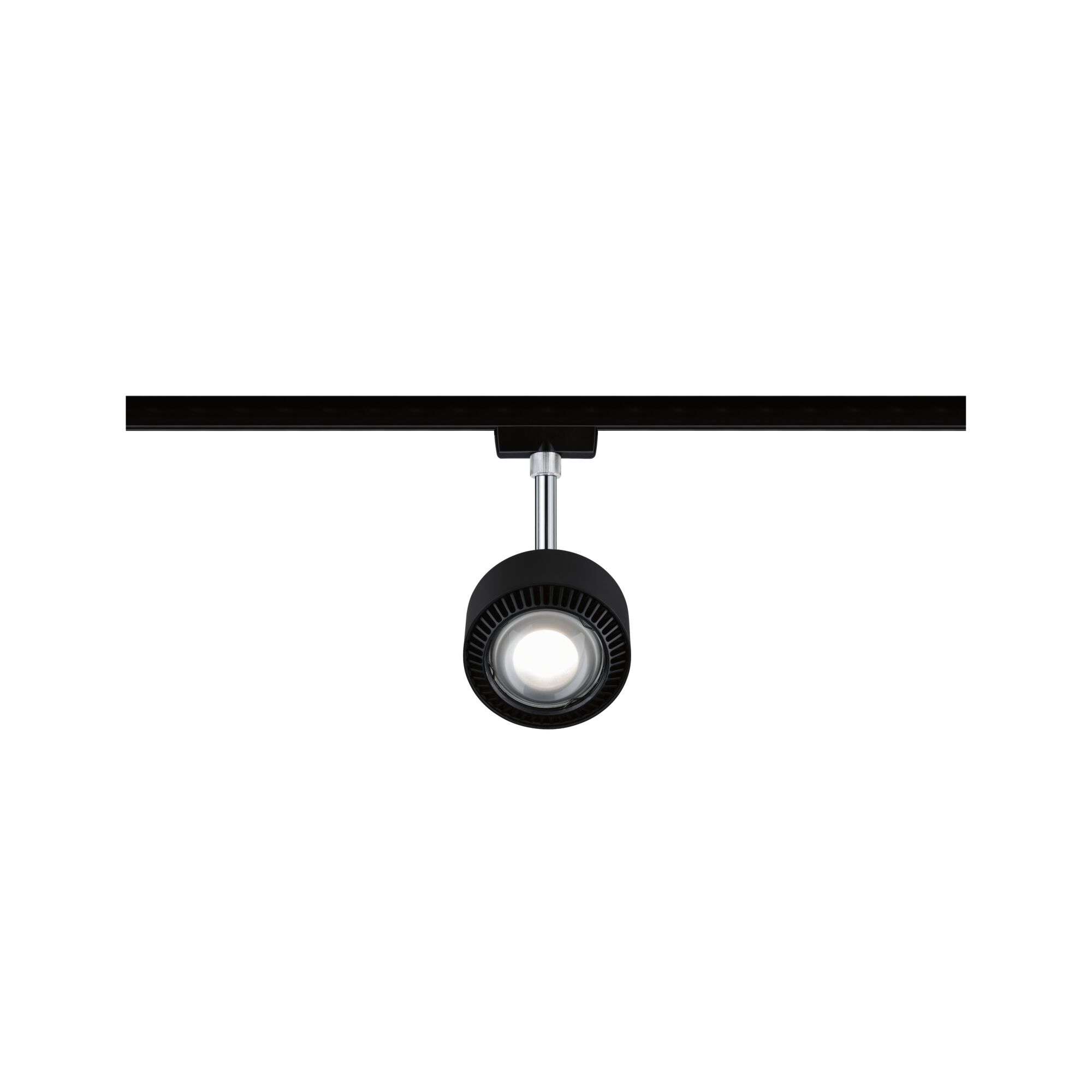 Schwarzer LED-Spot aus Metall an Schienensystem für flexible Beleuchtung im Innenraum