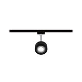 Schwarzer LED-Spot aus Metall an Schienensystem für flexible Beleuchtung im Innenraum