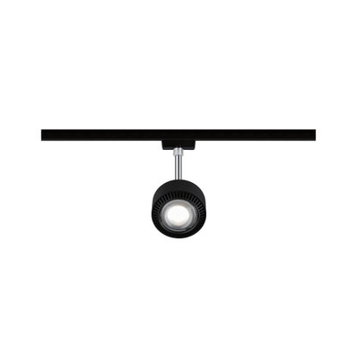 Schwarzer LED-Spot aus Metall an Schienensystem für flexible Beleuchtung im Innenraum