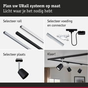 Modulair URail railsysteem met zwarte en witte aluminium profielen en zwarte spots voor flexibele verlichting