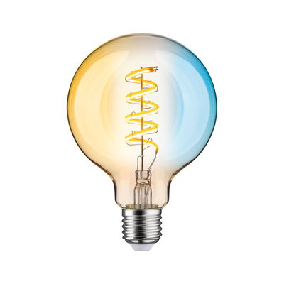 Light bulb with spiral LED filament in warm white and blue glass for decorative lighting use