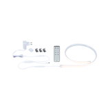 White LED light strip with remote, power adapter and clips for versatile lighting setups