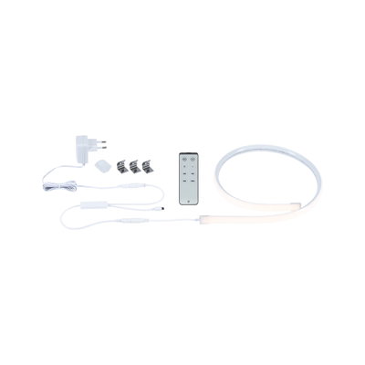 White LED light strip with remote, power adapter and clips for versatile lighting setups