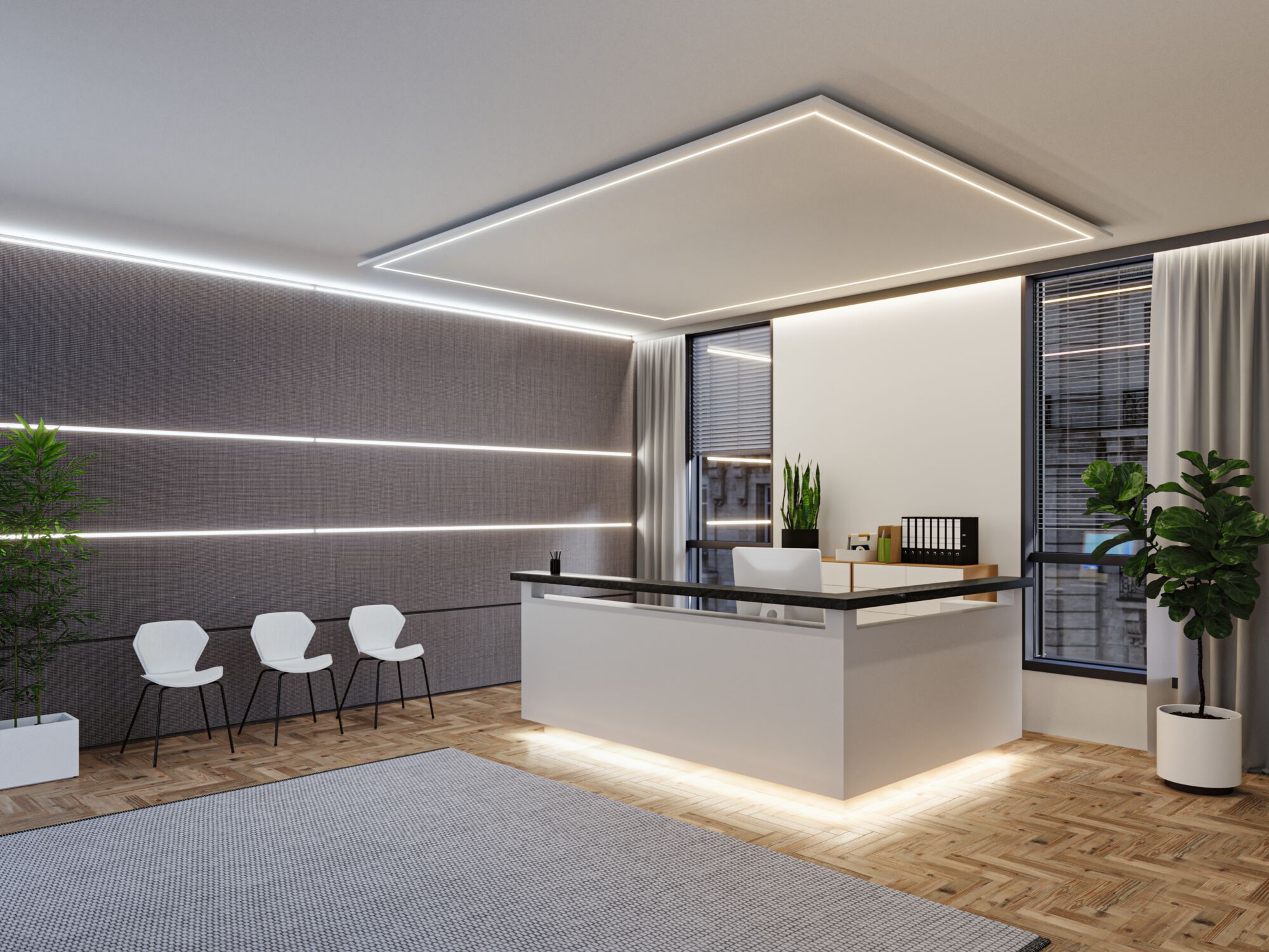 Modern office with white reception desk, LED ceiling and wall lighting, wood parquet floor and gray carpet