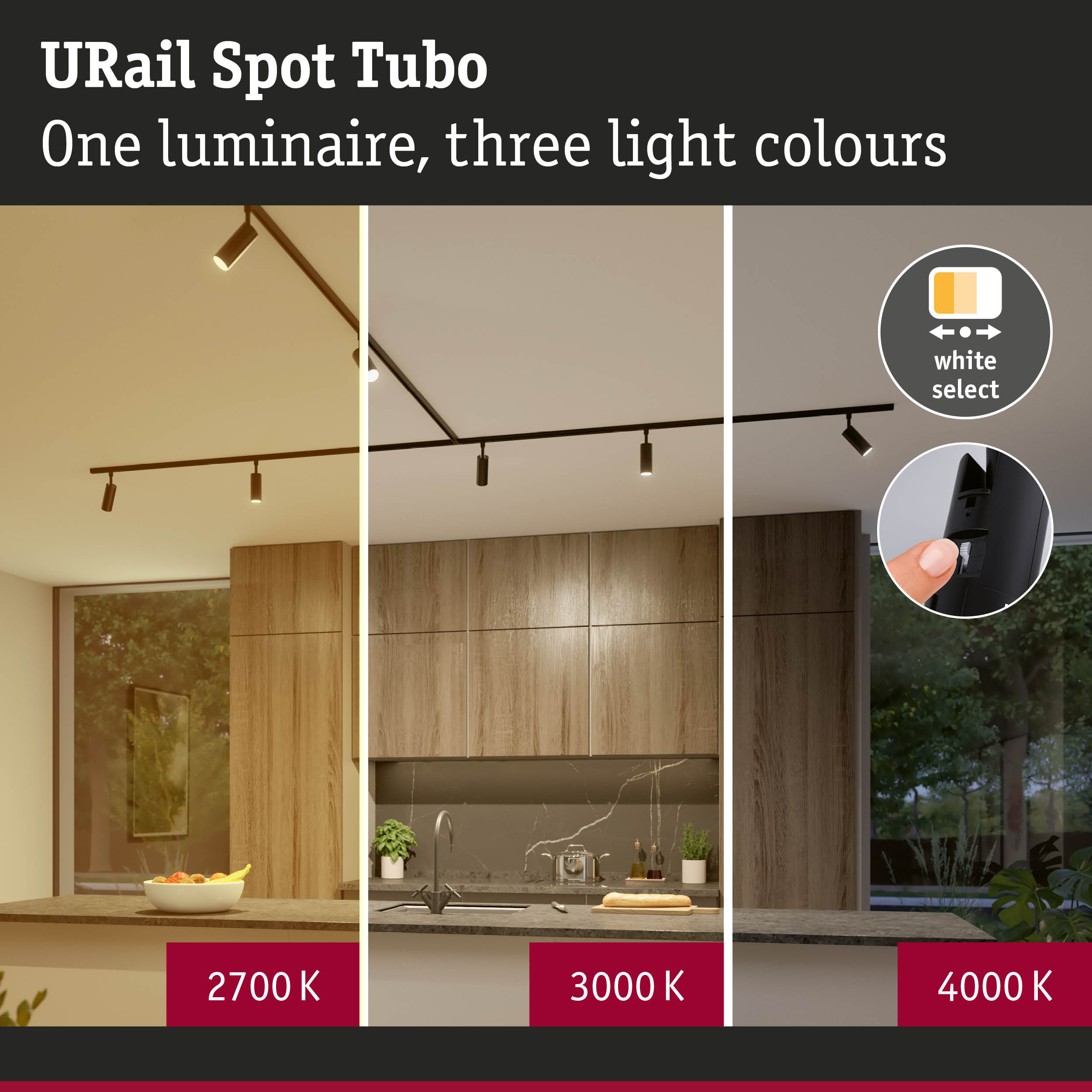 URail Spot Tubo track lighting with three light colours 2700K, 3000K, 4000K for adjustable home lighting