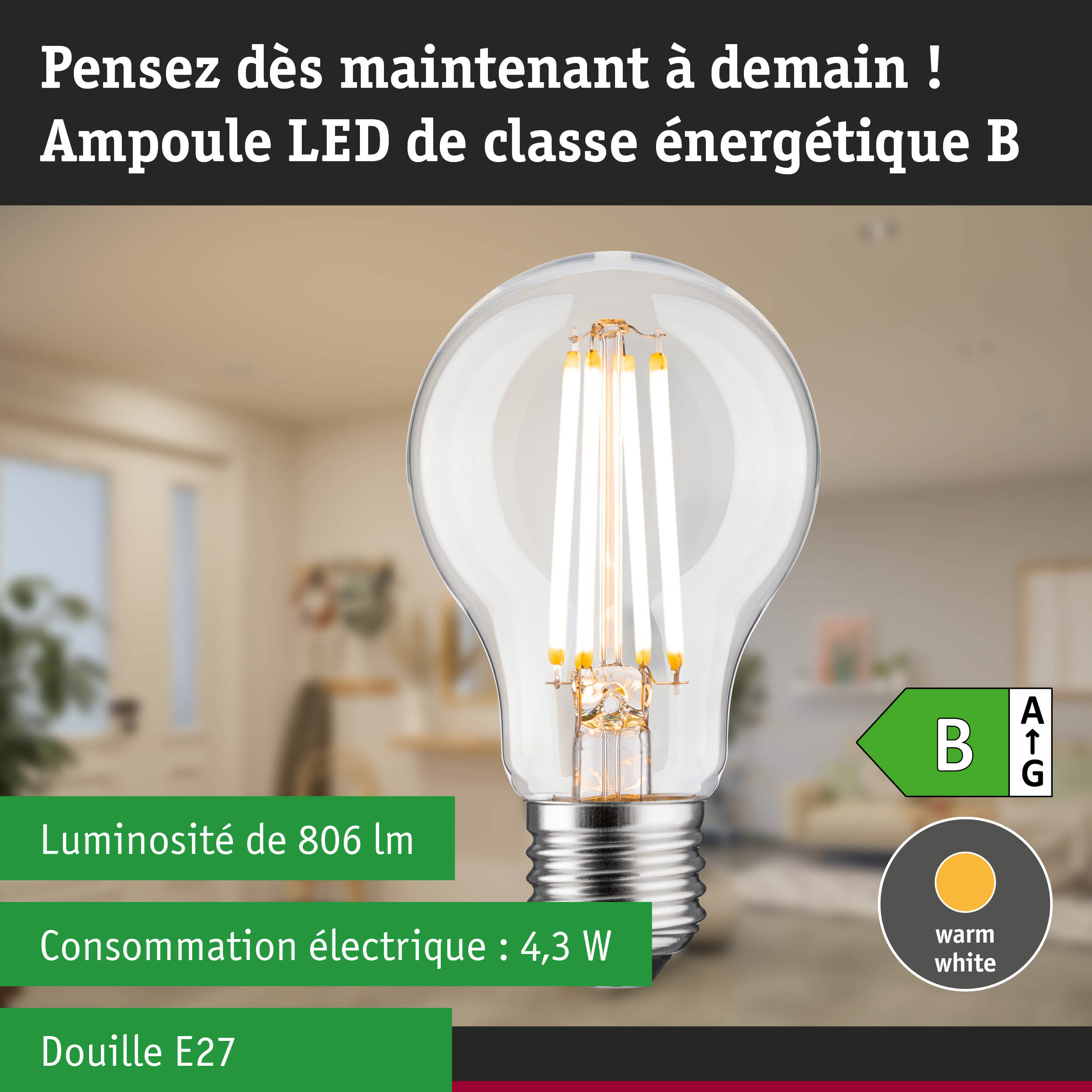 Ampoule LED claire avec lumière blanc chaud et gradation 3 niveaux pour éclairage économe