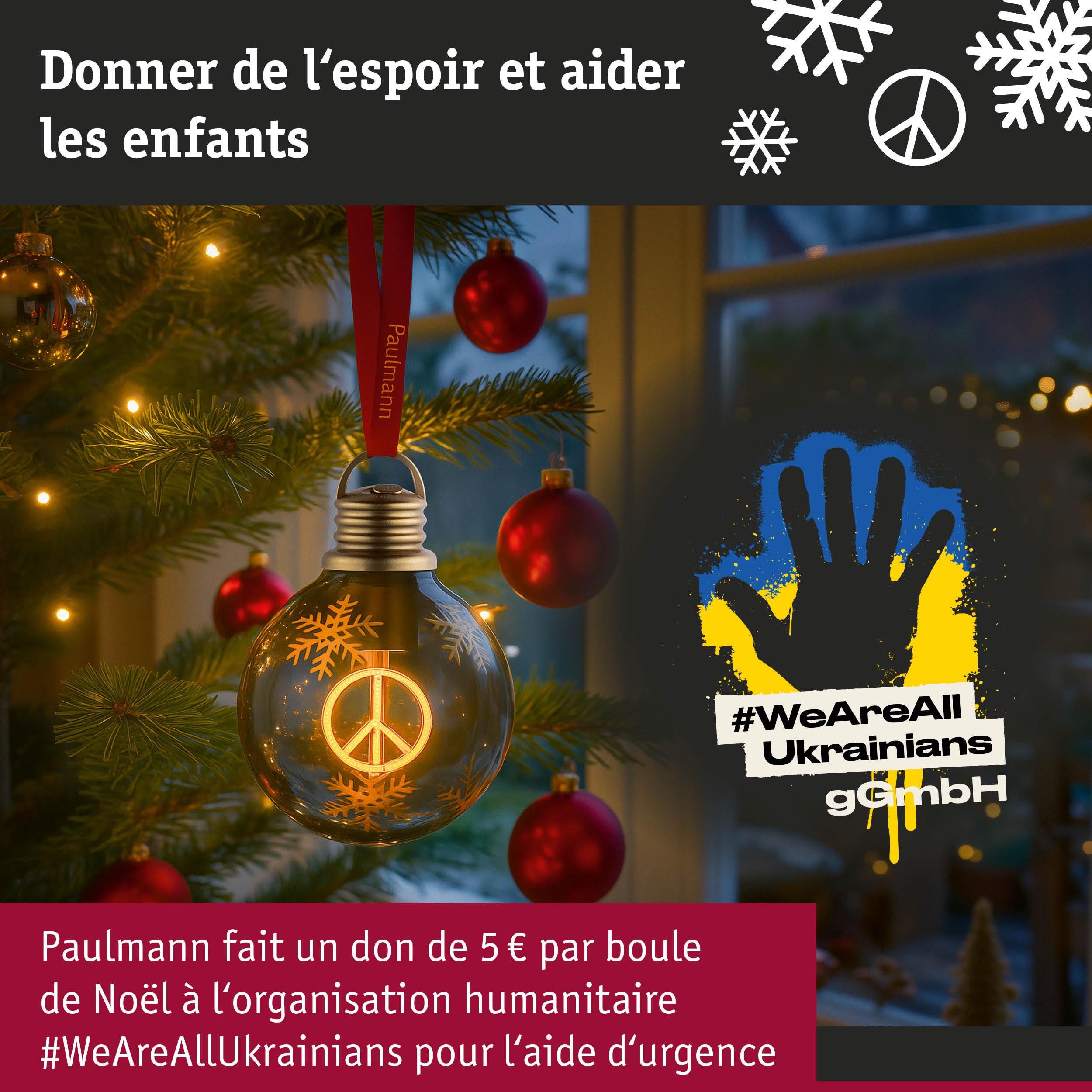 Boule de Noël en verre avec symbole de paix et flocons, ruban rouge, don caritatif pour aide Ukraine
