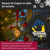 Boule de Noël en verre avec symbole de paix et flocons, ruban rouge, don caritatif pour aide Ukraine