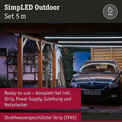 SimLED Outdoor LED-Lichtstreifen 5m in Carport montiert, wassergeschützt IP65, inklusive Netzstecker
