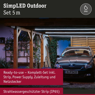 SimLED Outdoor LED-Lichtstreifen 5m in Carport montiert, wassergeschützt IP65, inklusive Netzstecker