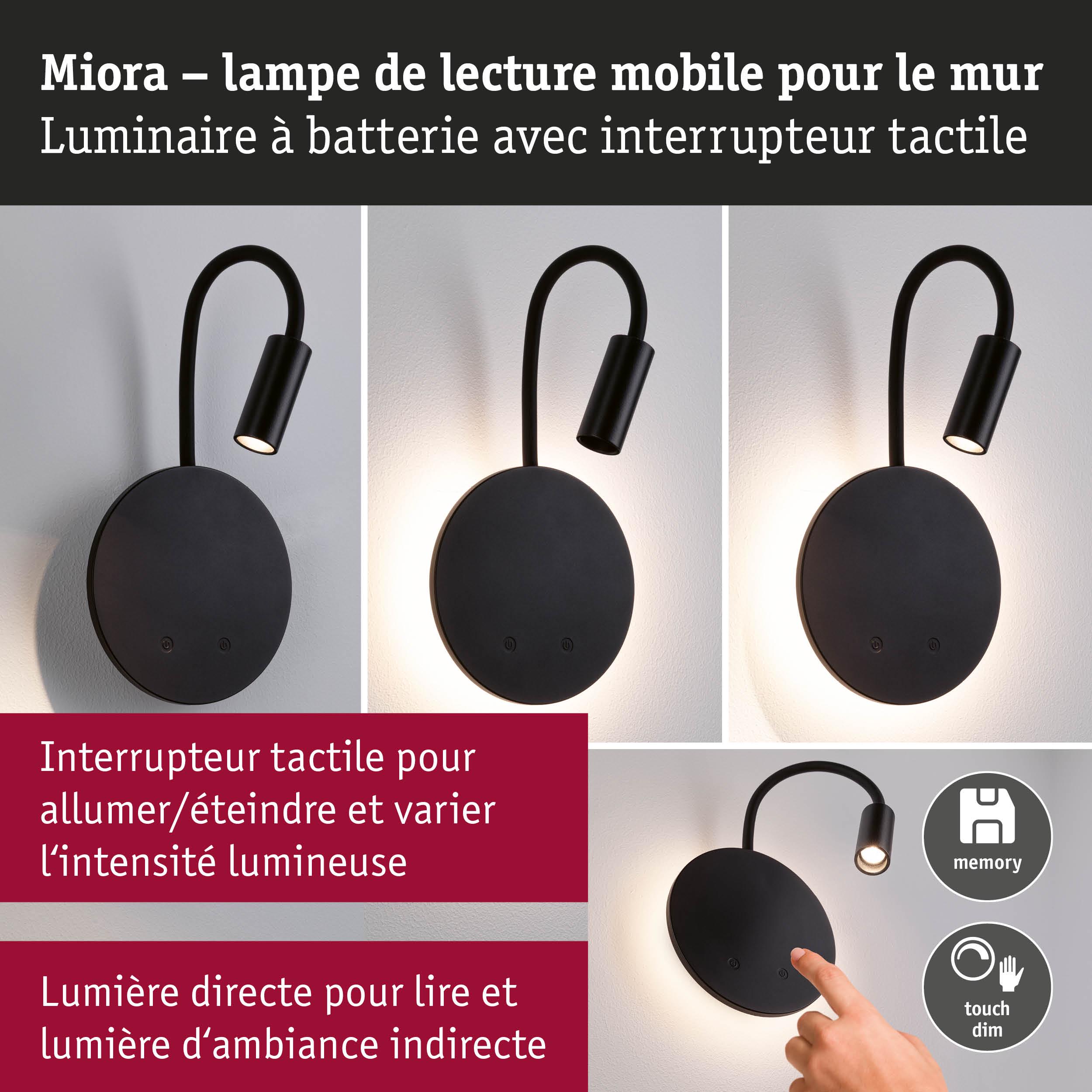 Lampe murale noire Miora avec bras flexible et variateur tactile pour lumière directe et d'ambiance