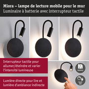 Lampe murale mobile noire Miora à batterie avec variateur tactile pour lecture et ambiance.