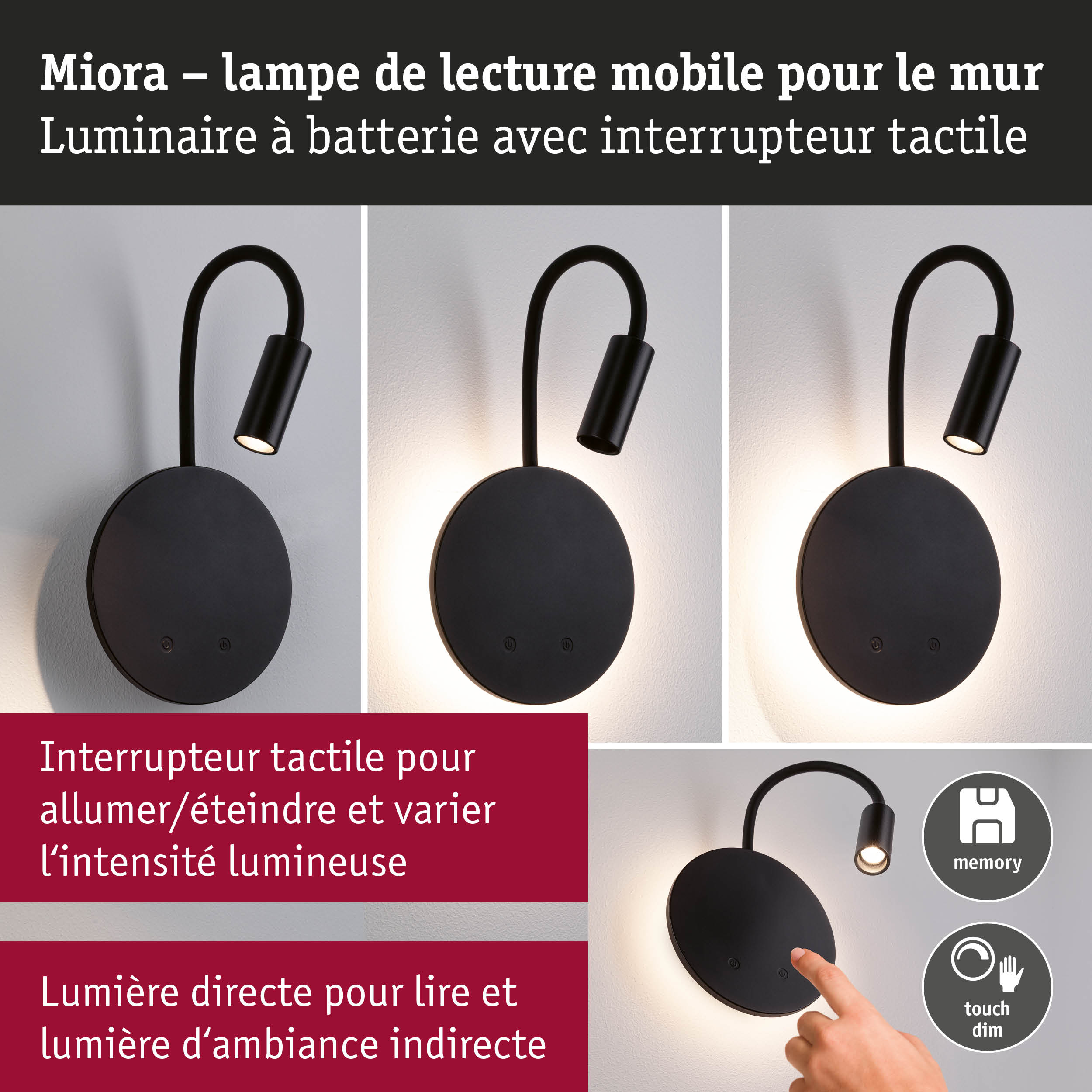 Lampe murale mobile noire Miora à batterie avec variateur tactile pour lecture et ambiance.