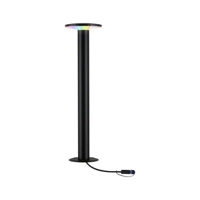 Schwarze LED-Stehleuchte mit rundem Leuchtkopf und RGB-Farbwechsel, modernes Design für Innenräume