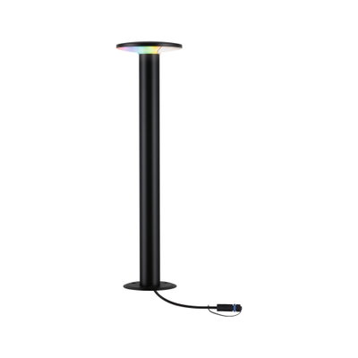 Schwarze LED-Stehleuchte mit rundem Leuchtkopf und RGB-Farbwechsel, modernes Design für Innenräume