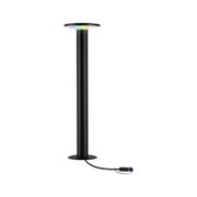 Schwarze LED-Stehleuchte mit rundem Leuchtkopf und RGB-Farbwechsel, modernes Design für Innenräume