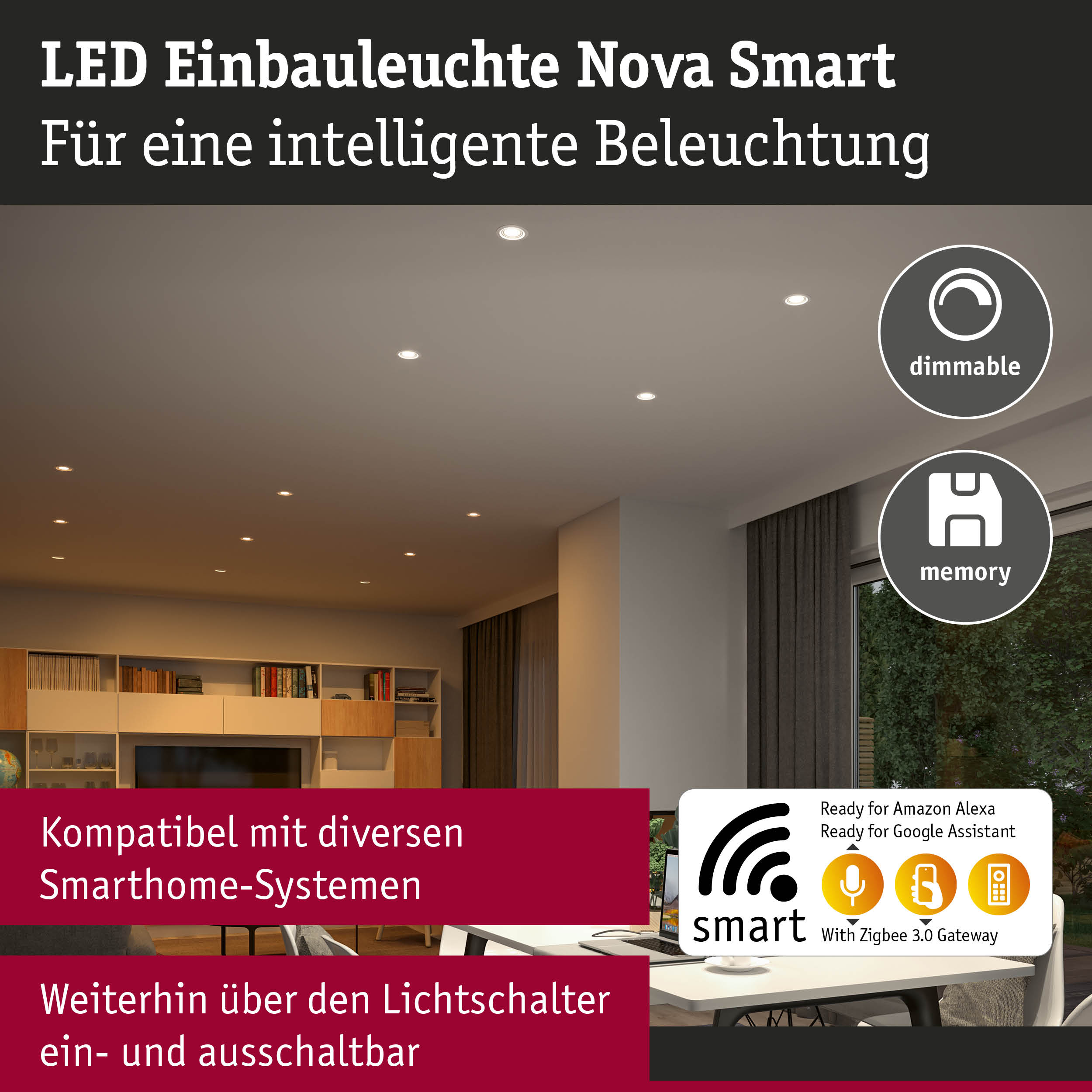 LED Einbauleuchte Nova Smart dimmbar in Weiß für smarte Beleuchtung mit Zigbee 3.0 Gateway
