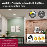 Modern living room with dimmable, smart LED ceiling lights controllable via app and Zigbee 3.0