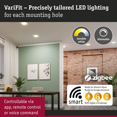 Modern living room with dimmable, smart LED ceiling lights controllable via app and Zigbee 3.0