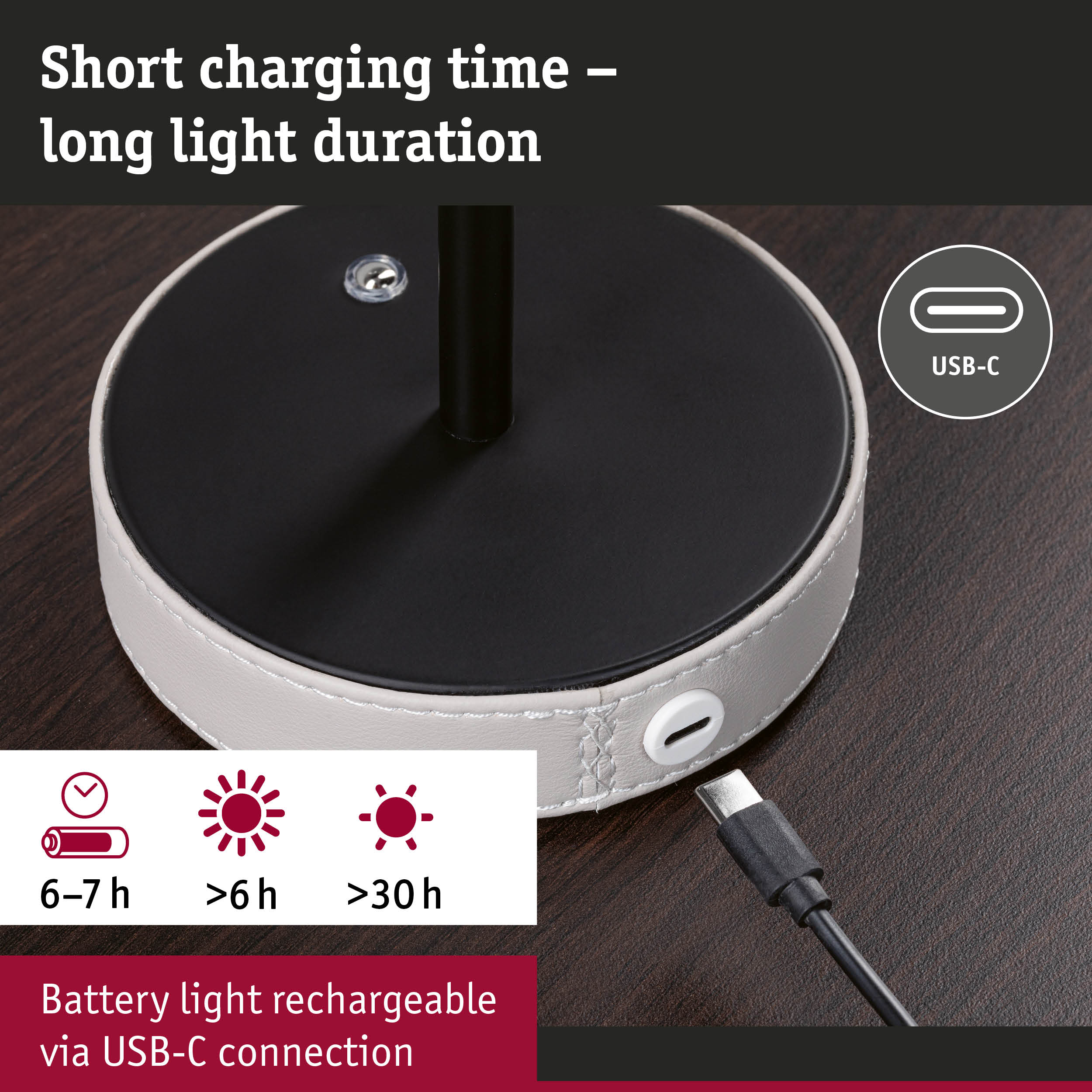 USB-C rechargeable device with short charging time and battery light duration over 30 hours