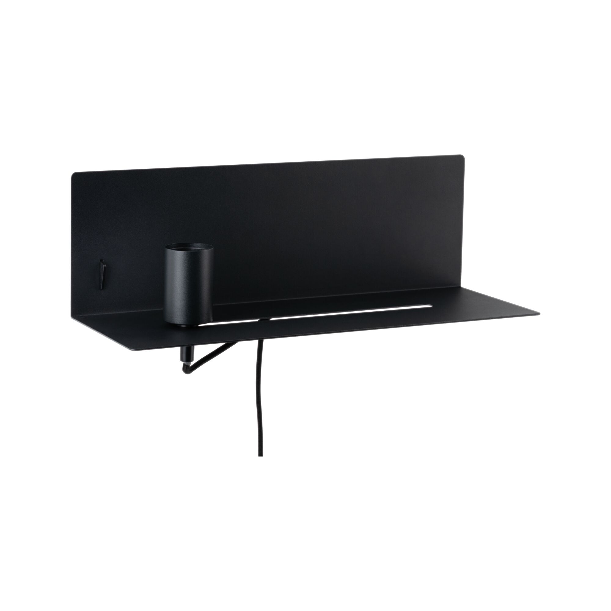 Black metal wall shelf with integrated lamp holder for modern LED lighting solutions.