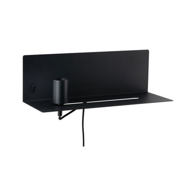 Black metal wall shelf with integrated lamp holder for modern LED lighting solutions.
