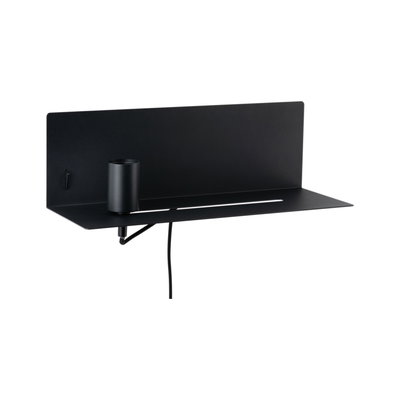Black metal wall shelf with integrated lamp holder for modern LED lighting solutions.