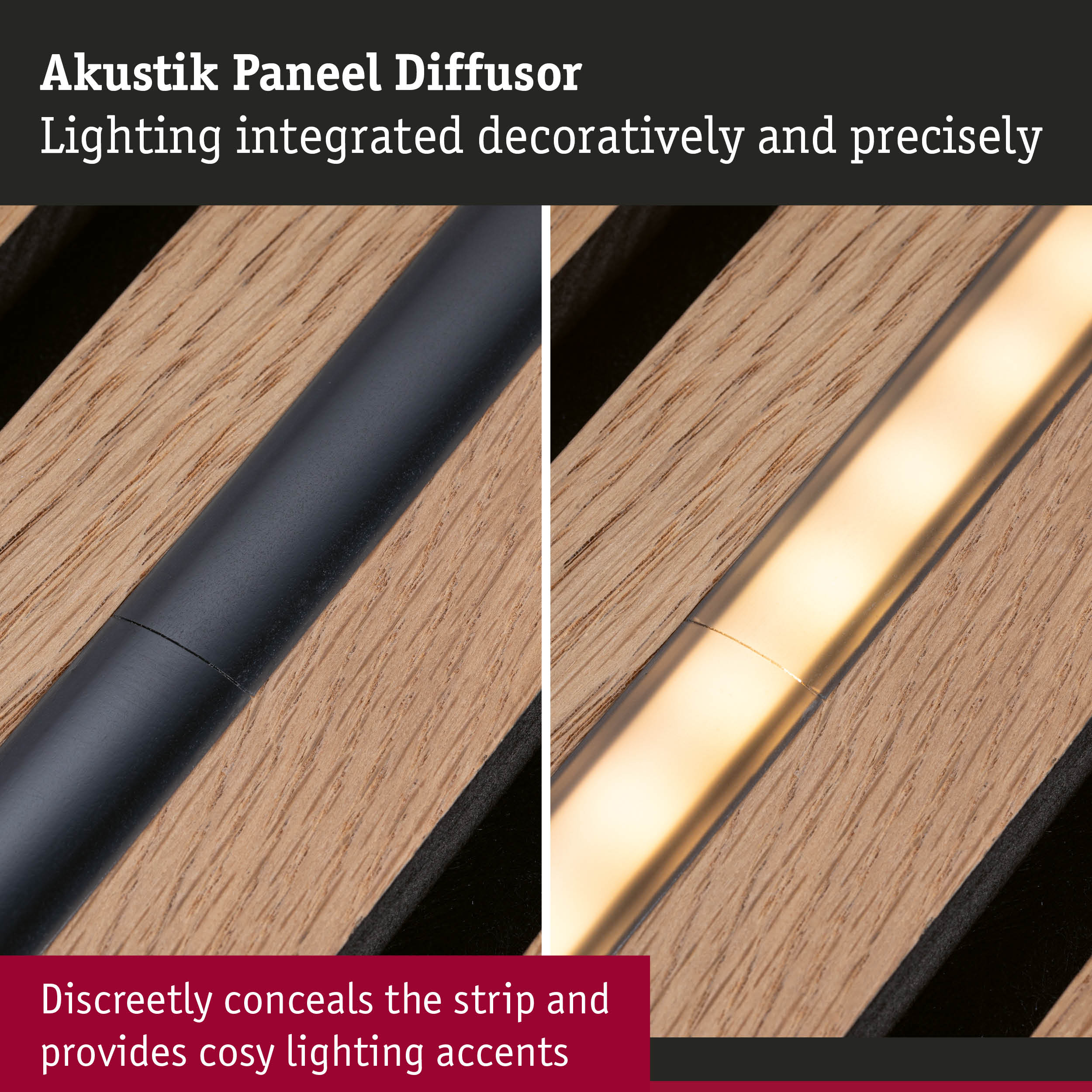 Wood acoustic panel diffuser with integrated LED lighting for decorative and precise light accents