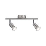 Modern LED ceiling spotlight in brushed stainless steel with two adjustable lamps for living spaces