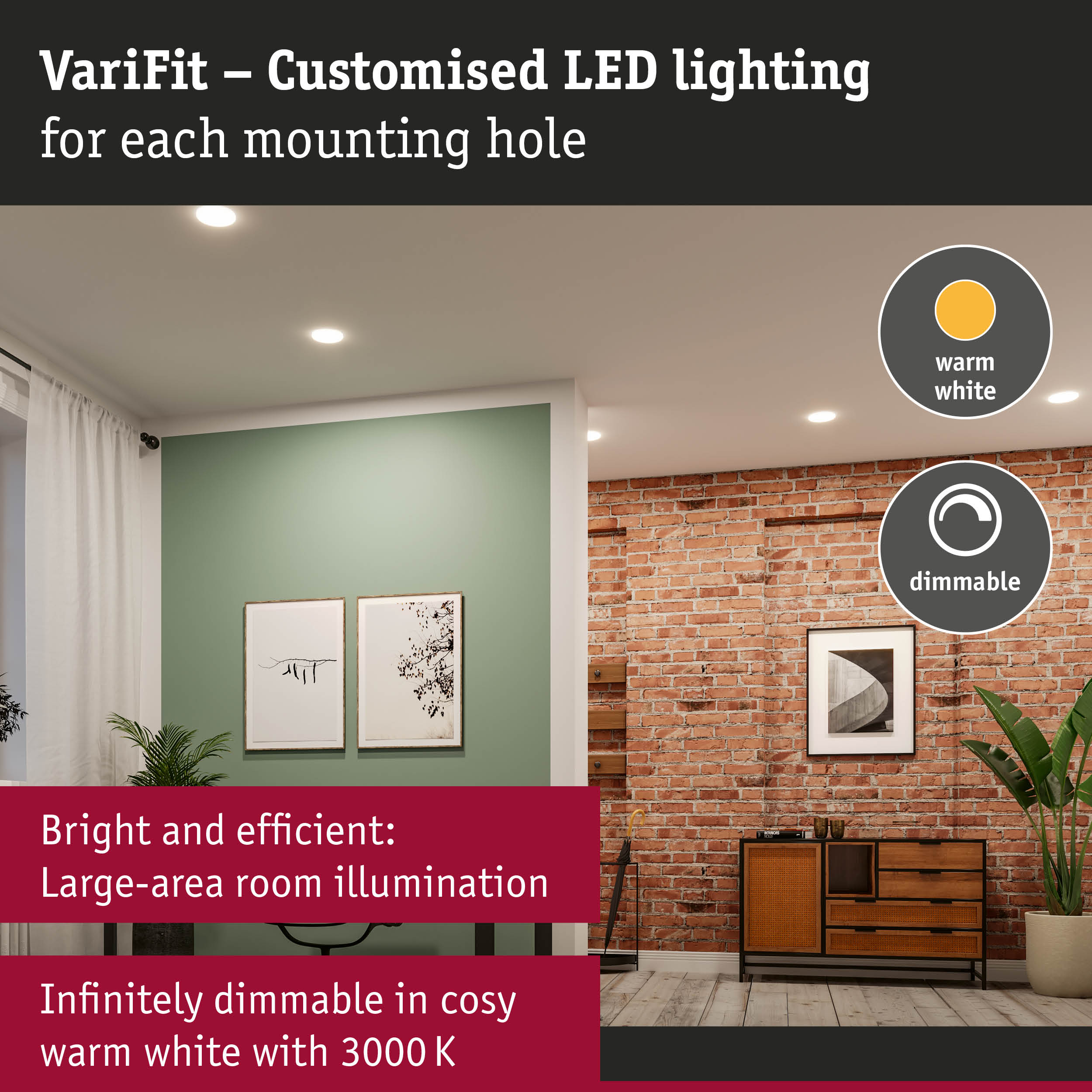 VariFit recessed LED lights with warm white dimmable lighting for bright and efficient room illumination