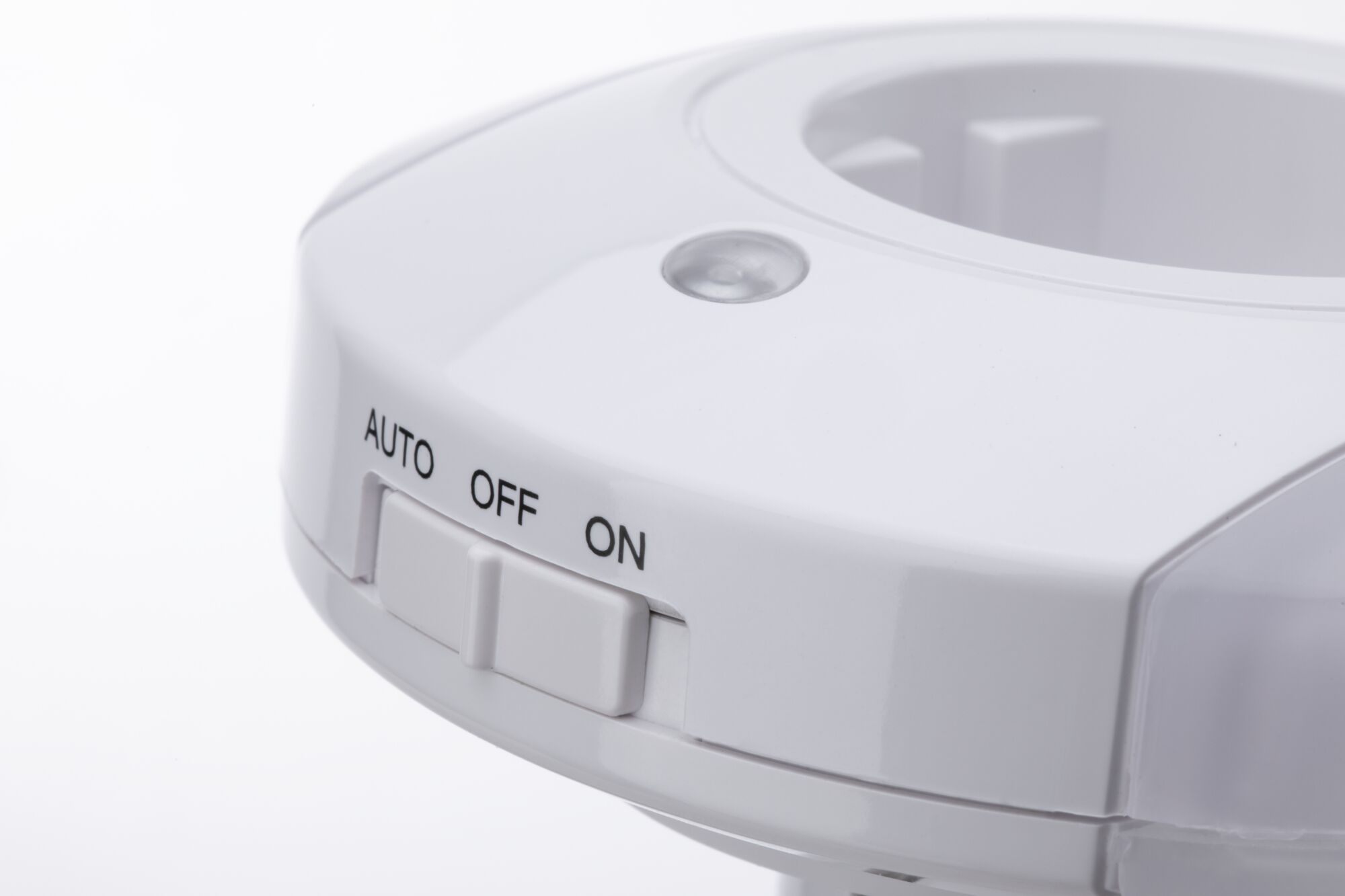White plastic socket adapter with AUTO, OFF, ON switch and LED indicator for light control