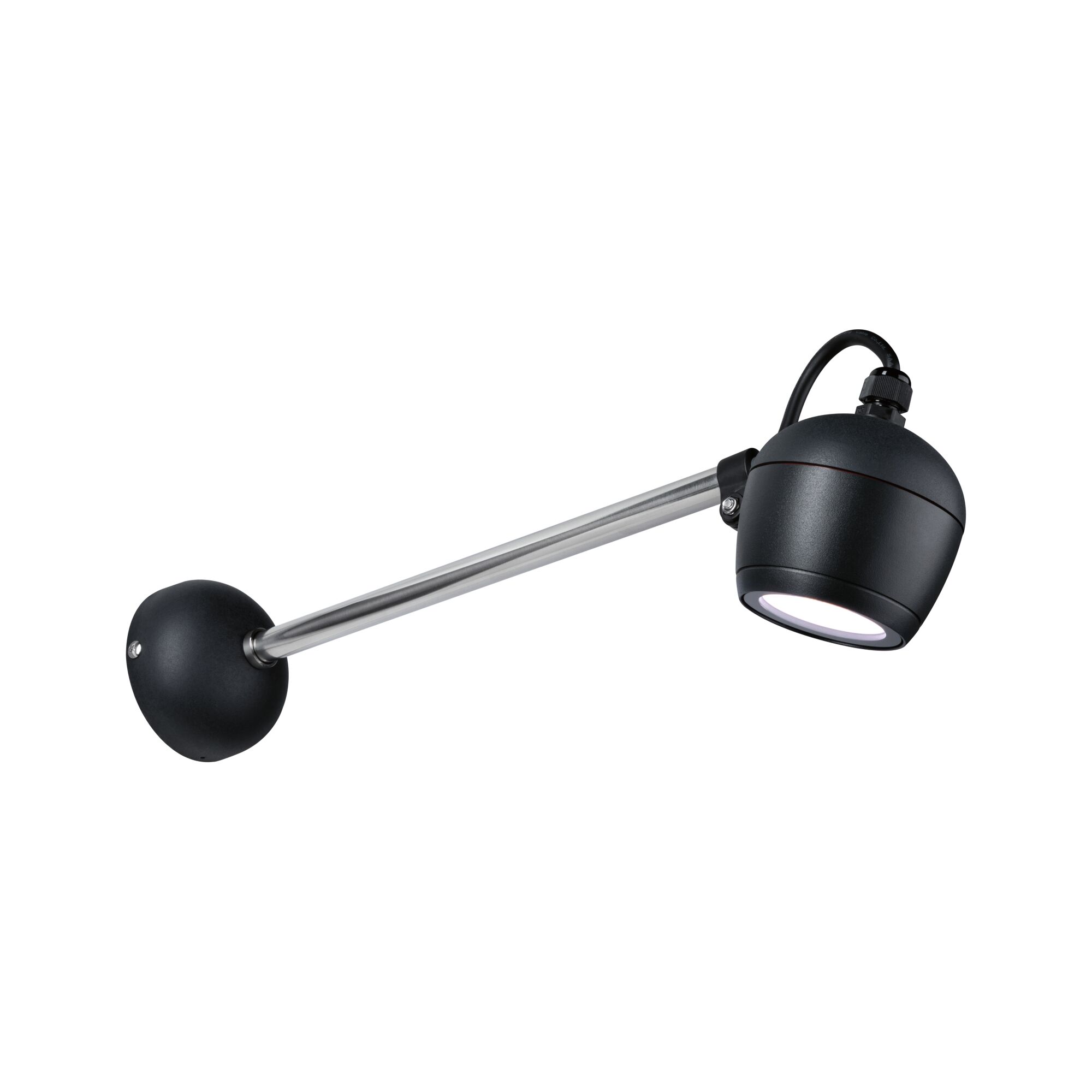 Schwarze Wandlampe mit verstellbarem Kopf und silbernem Metallarm für gezielte Beleuchtung