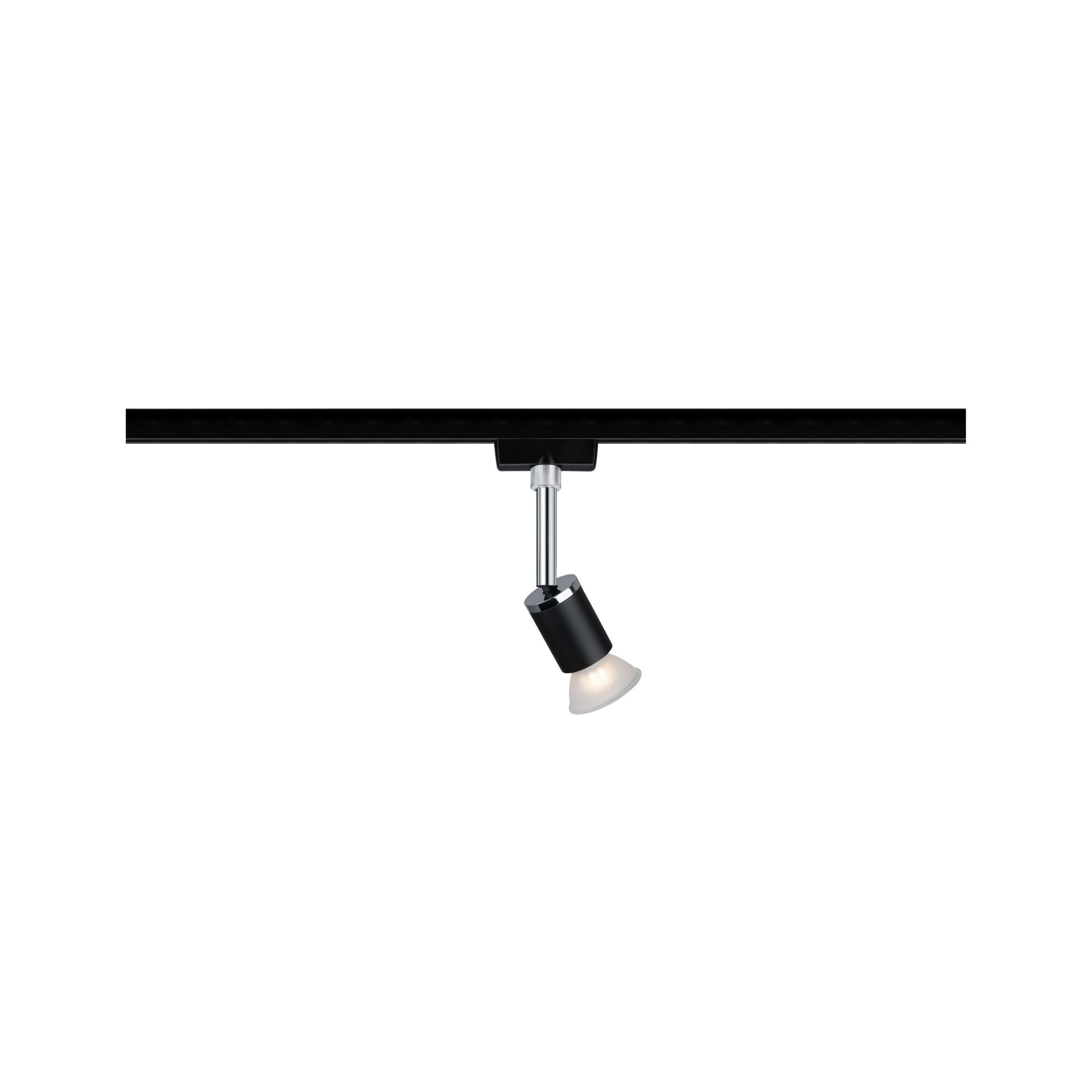 Black metal LED spotlight on black track for flexible accent lighting in interiors