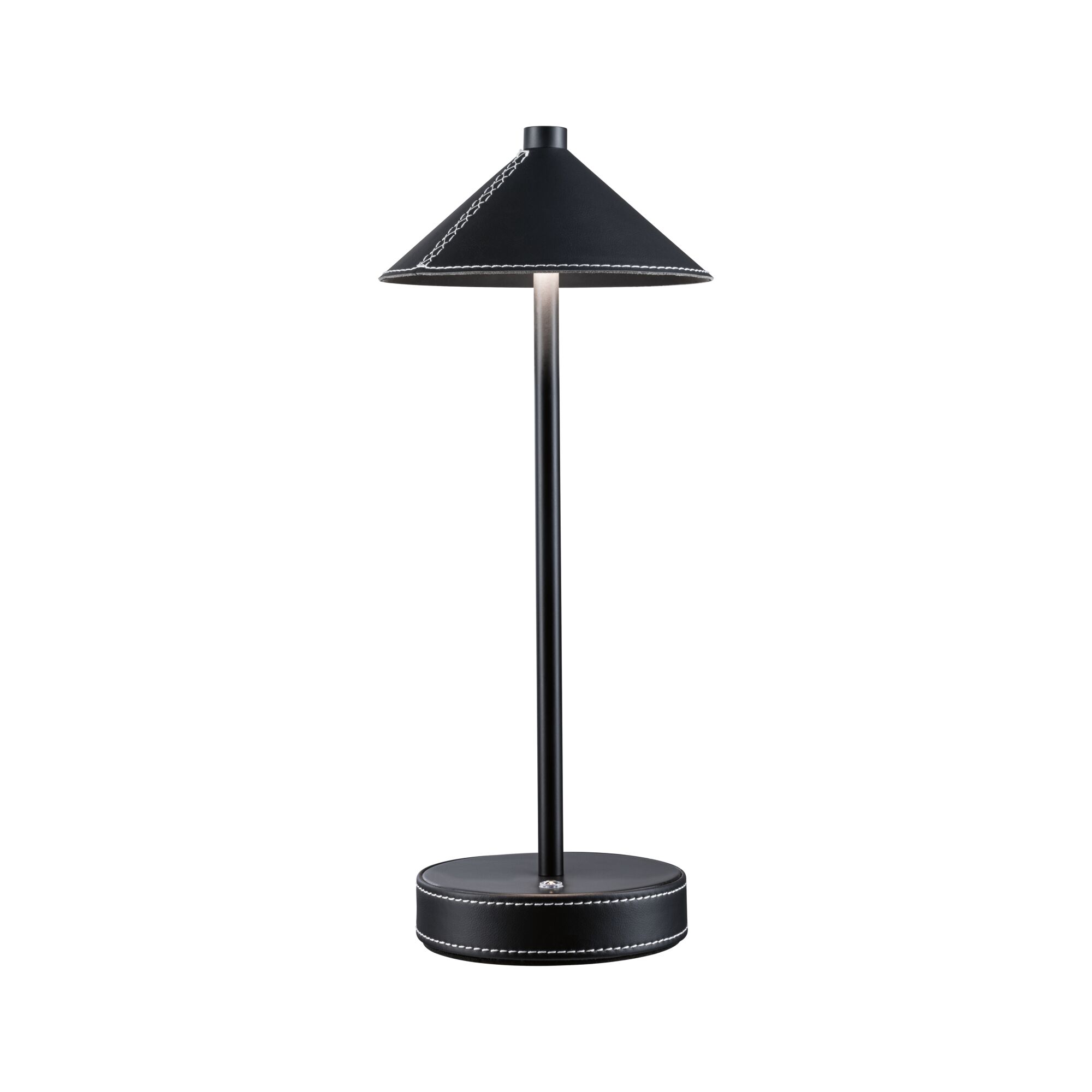 Schwarze Tischlampe mit Lederbezug und weißer Naht, moderner LED-Schreibtischleuchte für stilvolle Beleuchtung
